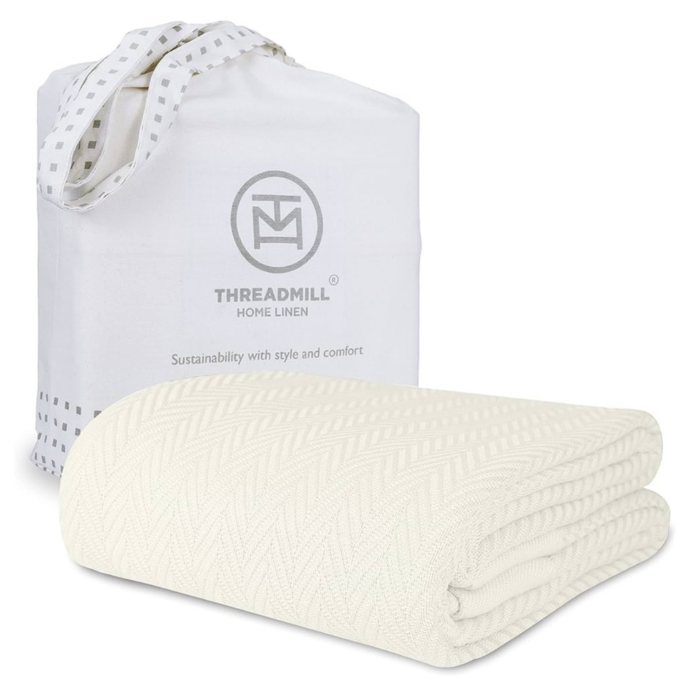 Threadmill Luxury 100% Cotton BLANKET, Herringbone Weave. Tusk white. Queen.NEW!